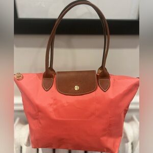 Longchamp Le Pliage Medium Tote Coral Pink and leather Trim